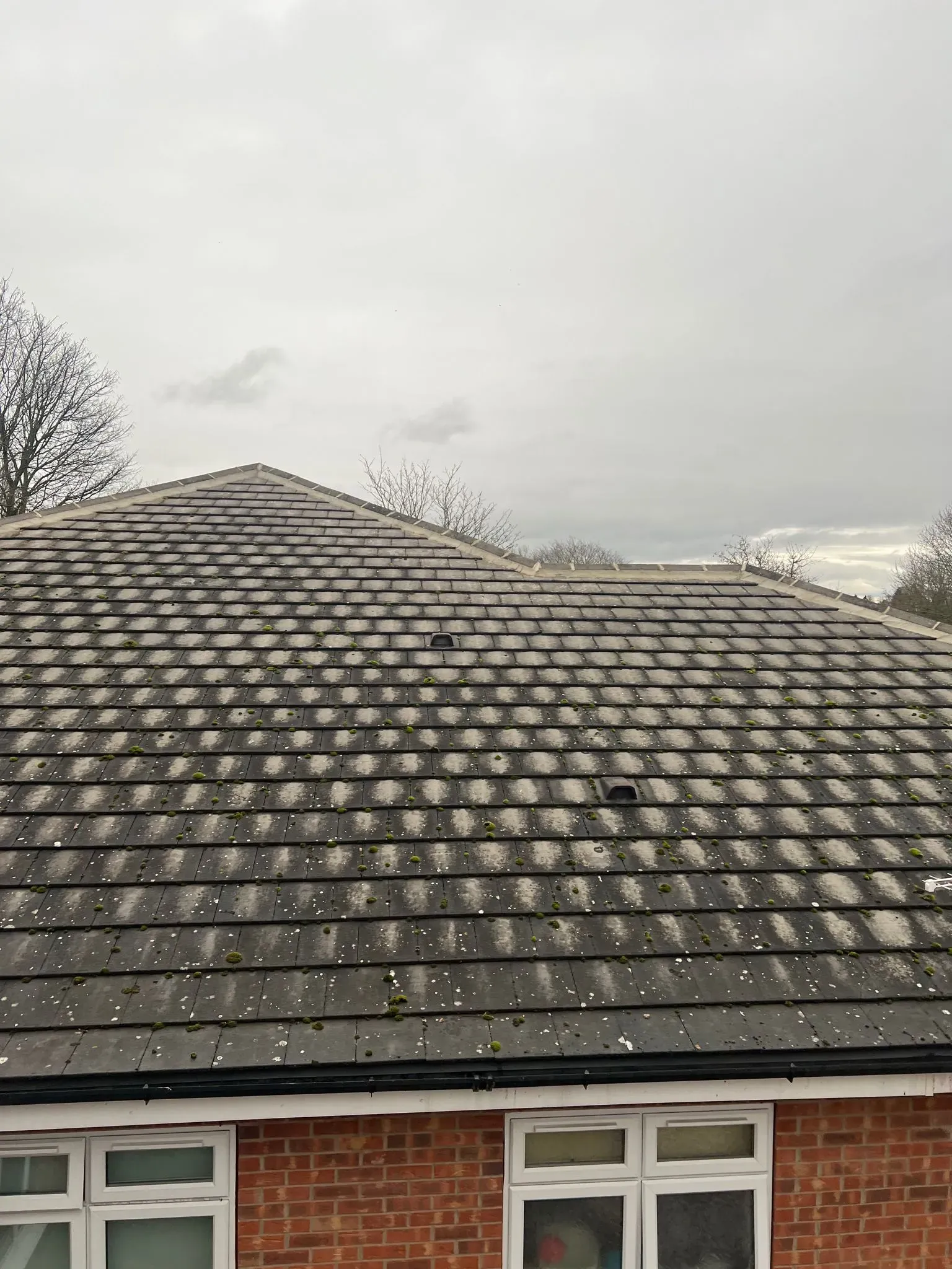A pitched tiled roof with moss and weathering