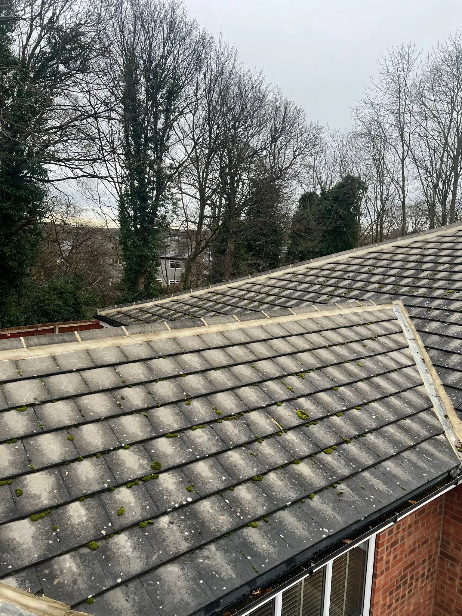 Pitched roof with mossy tiles and guttering in Sheffield or Peak District