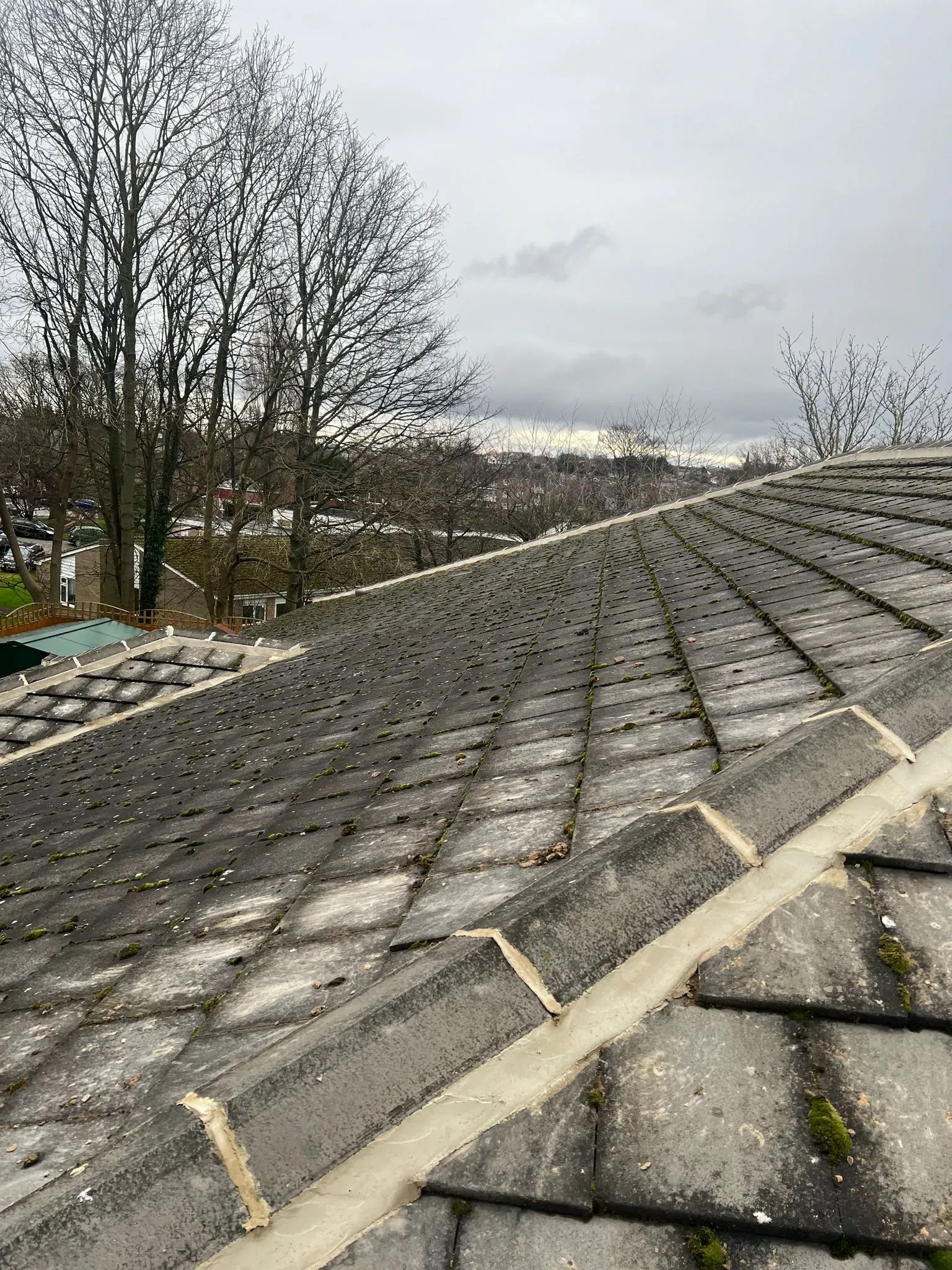 A tiled pitched roof with moss growth and damaged mortar